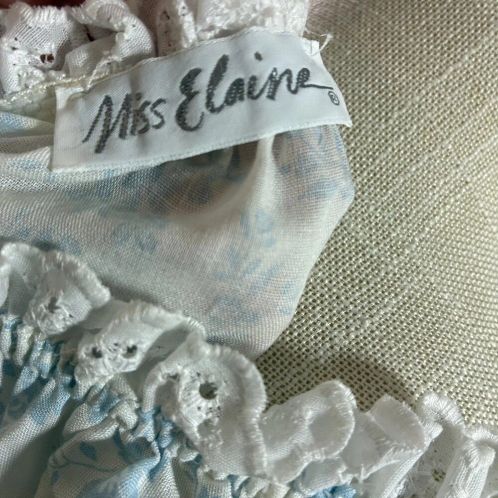 Vintage Miss Elaine Nightgown Size M Cap Sleeve White w Blue Floral Eyelet Trim - Picture 6 of 6